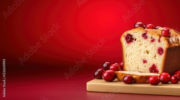Obraz Minimalist style a slice of cranberry bread with fresh berries studio setting culinary art vibrant colors
