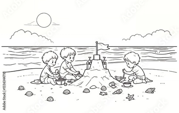 Obraz Kids Building Sandcastle Illustration at the Beach with Shells and Toys
