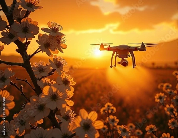 Fototapeta AI-controlled pollinator drones dusting almond blossoms while lithium-ion battery packs hum