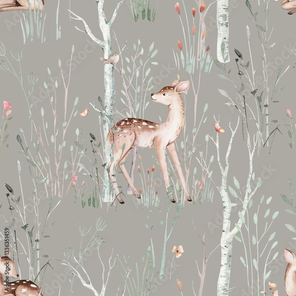Obraz Watercolor Woodland animals seamless pattern. Fabric wallpaper forest with baby deer trees. bird baby animal Nursery backgrouns