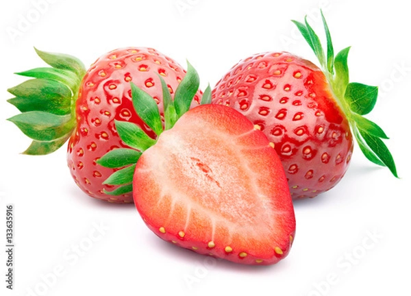 Fototapeta Perfectly retouched strawberry with sliced half and leaves isolated on white background with clipping path