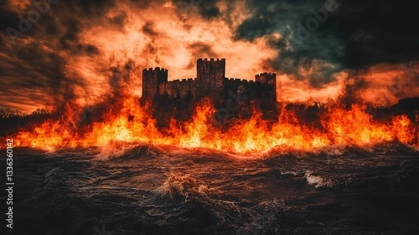 Obraz A medieval castle surrounded by flames and dark water under a dramatic cloudy sky scene