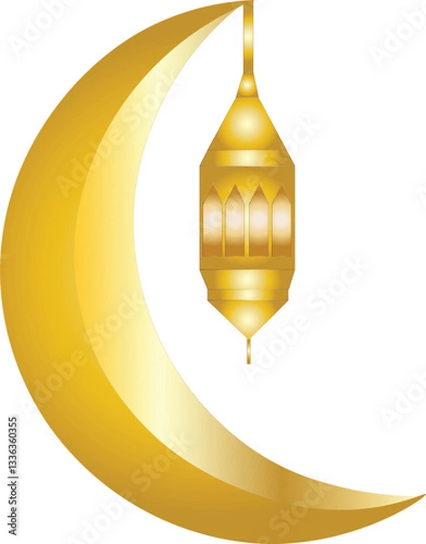 Fototapeta Golden Crescent Moon with Hanging Lantern Symbolizing Ramadan and Eid, Digital Vector Illustration    