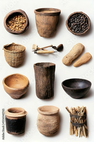 Fototapeta Collection of ancient handcrafted tools, vessels, and food