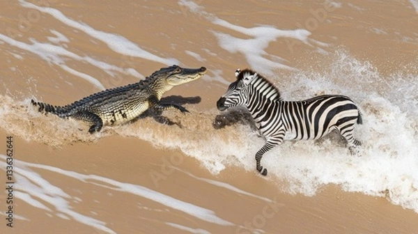 Fototapeta A crocodile and a zebra in the flowing river water