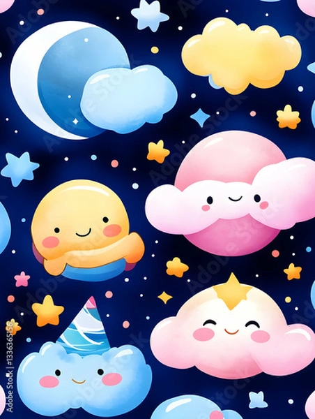 Obraz Cute cartoon clouds, stars, moon, and planets on a dark blue background