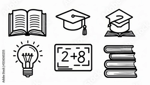 Fototapeta Education Icons Books Graduation Cap Lightbulb Math Equation Stack of Books Learning Concept