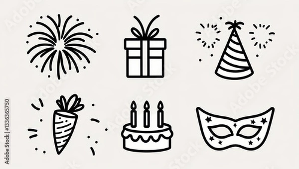 Fototapeta Festive Celebration Icons Fireworks Gift Party Hat Carrot Cake Mask