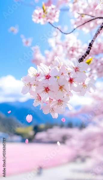 Obraz Delicate pink cherry blossoms falling against a vibrant blue sky, with blurred mountains in the background