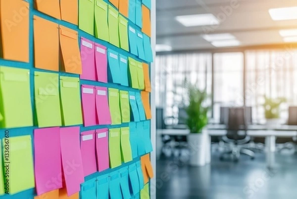 Fototapeta A wall of colorful sticky notes in an office reflects a dynamic, brainstorming environment filled with creative ideas and collaboration
