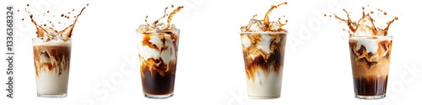 Fototapeta Refreshing iced coffee drink with swirling milk or cream creating a foamy and inviting texture and visual appeal