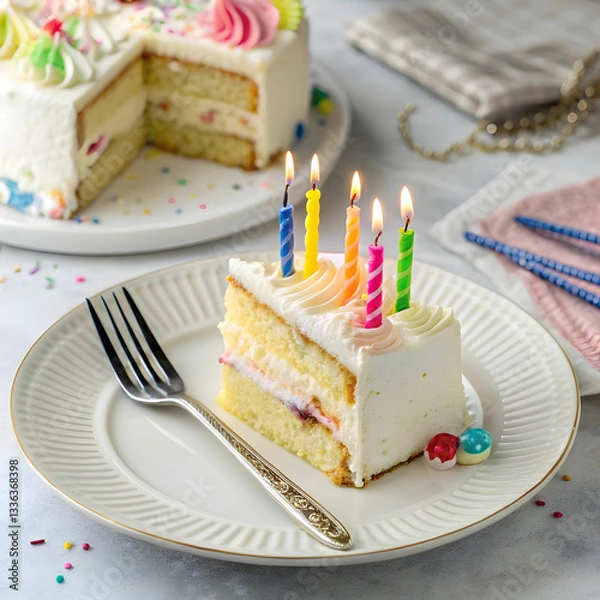 Obraz slice of birthday cake on a plate-with a fork