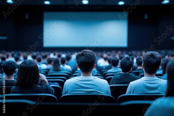 Fototapeta A wide back view of a large conference hall or seminar room filled with rows of people sitting in an audience