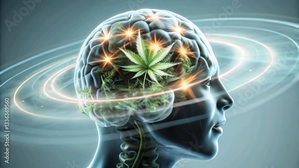 Fototapeta A surreal illustration of a human head with a brain surrounded by swirling lights and a cannabis leaf, symbolizing mental expansion and consciousness.
