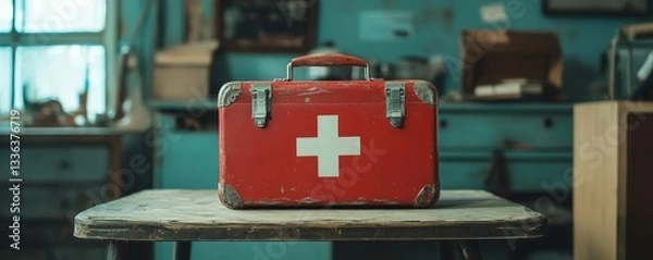 Fototapeta a vintage first aid kit on an old wooden table, ready for emergencies