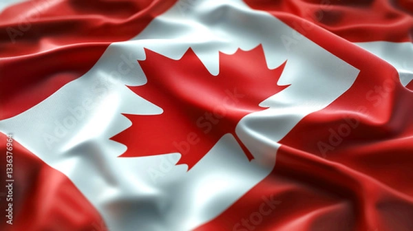 Fototapeta Closeup view of a waving canadian flag with red maple leaf wave icon white pride image event photo