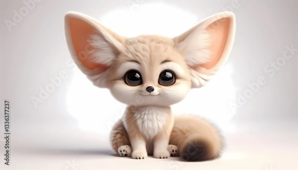 Fototapeta Adorable 3D-rendered baby fennec fox sitting with big sparkling eyes