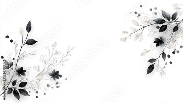 Fototapeta Creative Illustrated Border with Delicate Branches and Leaves on White Background for Design Use