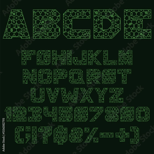 Obraz Font, alphabet with green geometric shapes, hexagon, circle. Isolated vector objects on black background.