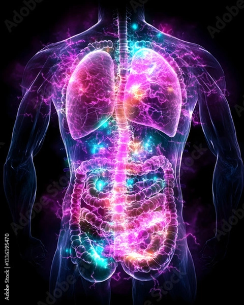 Fototapeta Energy flowing through human torso, highlighting internal organs