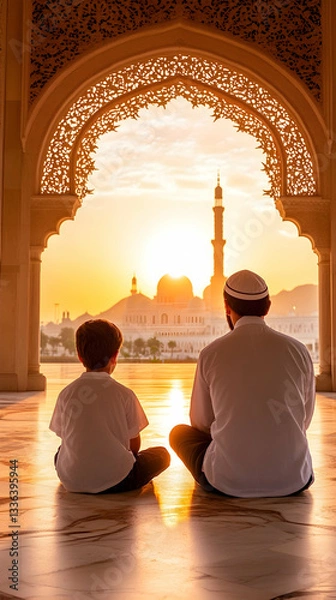 Fototapeta Father and son sit facing a sunrise view of a mosque through an ornate archway