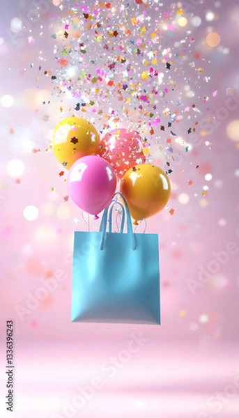 Obraz Festive pastel shopping bag lifted by colorful balloons amidst confetti