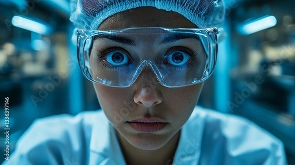 Fototapeta a close-up portrait of a female scientist in a lab, staring intensely.