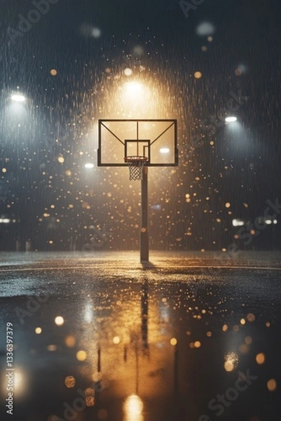 Obraz Rainy night basketball court with illuminated hoop and reflections