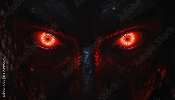 Obraz Eerie face with intense red eyes in the dark nightmare scene