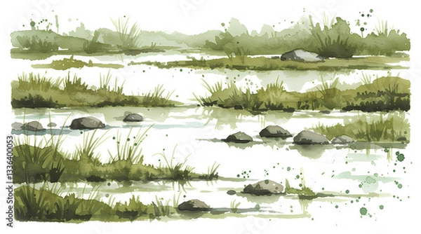 Obraz Watercolor landscape wetland scene with marshes, grassy tufts reeds reflective water in muted green tones, minimalist brushstrokes painting style on transparent background.