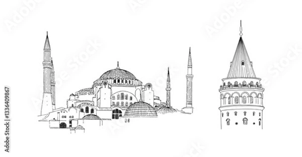 Obraz Hand drawn sketch of Istanbul landmarks. Vector illustration of outline Hagia Sophia Grand Mosque and Galata Tower isolated on white background.