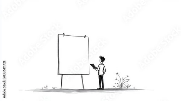 Fototapeta person stands thoughtfully in front of blank canvas, holding notebook, ready to create