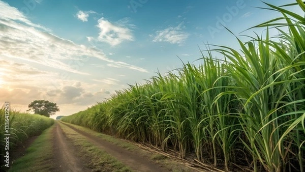 Obraz Sugar Cane Field: A vibrant sugar cane field basks in the warmth of the sun under a cloudy sky. A dirt path meanders through the tall, green stalks, leading towards the horizon.