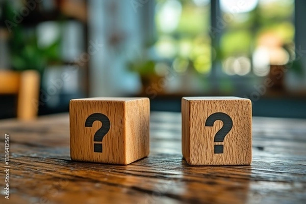 Obraz 窓辺の机に置かれたはてなマークのブロックの風景
