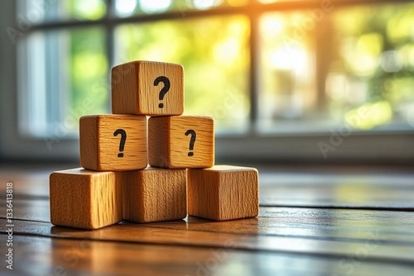 Obraz 窓辺の机に置かれたはてなマークのブロックの風景
