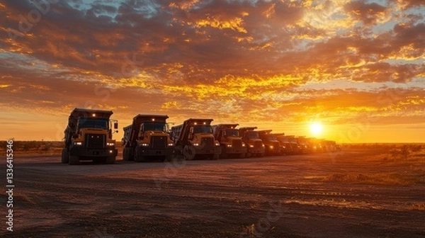 Fototapeta Mining fleet parked at sunset, conveying industrial activity and land usage