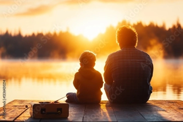 Fototapeta A serene scene of a father and son fishing from a wooden dock at sunrise, with mist rising off the lake and a tackle box nearby