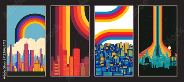 Obraz Modern Cities 1980s Style Posters, Vintage Color Stripes, Cityscape Backgrounds. 80s Colors and Shapes