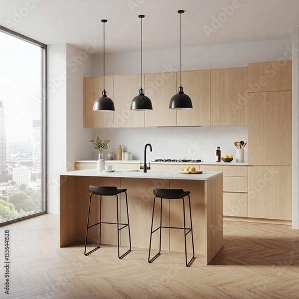 Fototapeta Modern kitchen with light wood cabinets, white countertops, two stools at an island, pendant lights, and a large window with a view