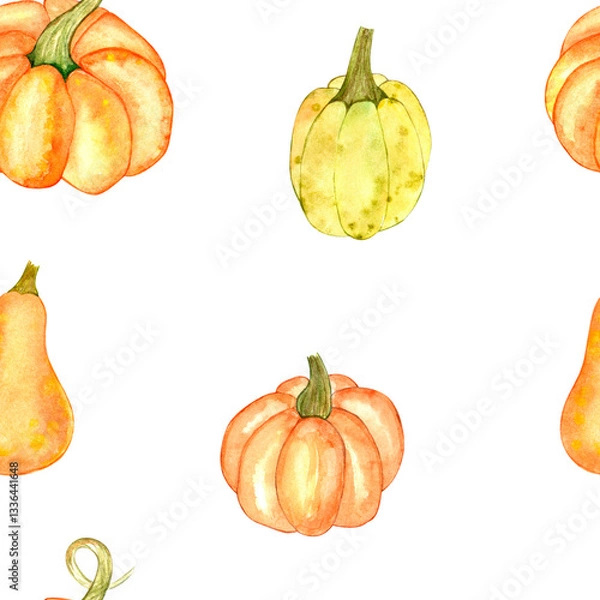 Obraz Seamless pumpkin pattern. The illustration is done in watercolor. Autumn pumpkins, hand-drawn. Bright seamless pattern for Thanksgiving and Halloween.