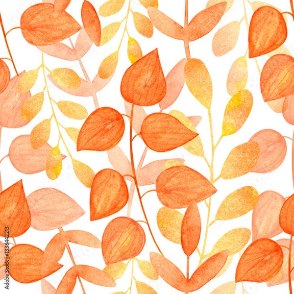 Obraz Bright autumn watercolor seamless pattern..of twigs and leaves, background.