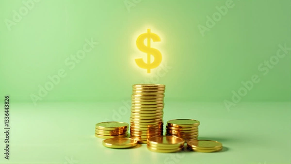 Fototapeta Stacks of shiny gold coins arranged on a minimalist green background, with a glowing yellow dollar sign above, symbolizing financial success and wealth