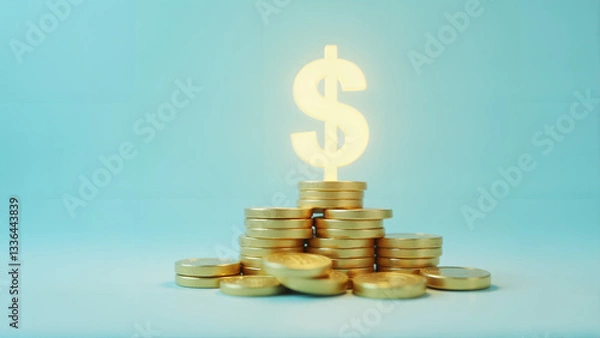 Fototapeta Stacks of Gold Coins with Glowing Dollar Sign on Blue Background