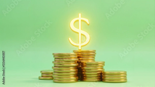 Fototapeta Stacks of shiny gold coins arranged on a minimalist green background, with a glowing yellow dollar sign above, symbolizing financial success and wealth