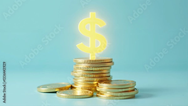 Fototapeta Stacks of Gold Coins with Glowing Dollar Sign on Blue Background