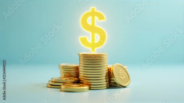 Fototapeta Stacks of Gold Coins with Glowing Dollar Sign on Blue Background