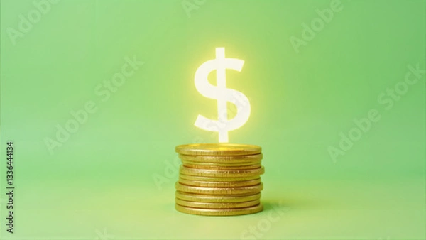 Fototapeta Stacks of shiny gold coins arranged on a minimalist green background, with a glowing yellow dollar sign above, symbolizing financial success and wealth