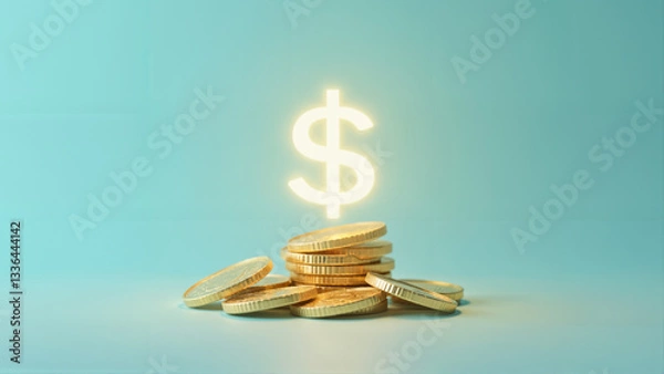 Fototapeta Stacks of Gold Coins with Glowing Dollar Sign on Blue Background