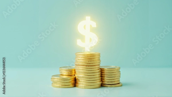 Fototapeta Stacks of Gold Coins with Glowing Dollar Sign on Blue Background