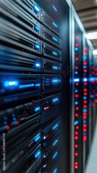 Obraz Multiple rows of server racks displaying illuminated blue and red lights